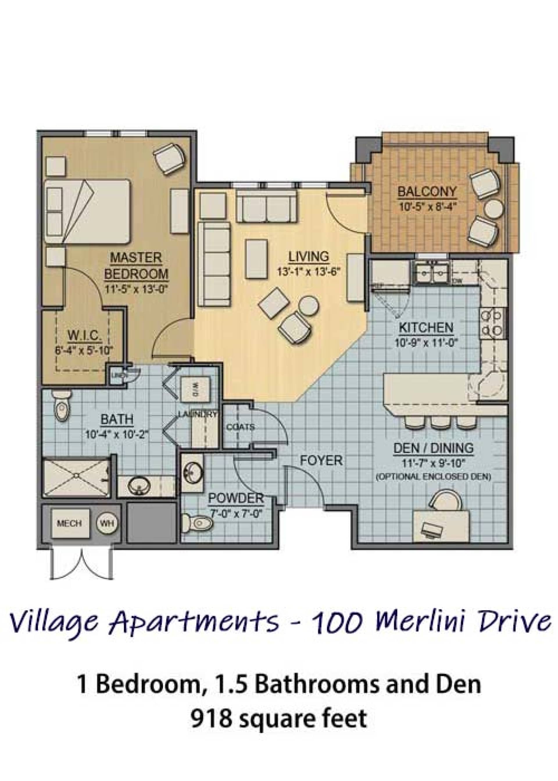 100 Merlini floorplan for 918 sq ft apartment with 1BR 1.5BA