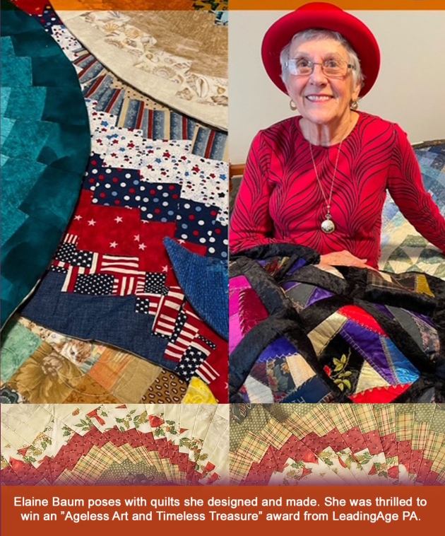 Elaine Baum and a few of her colorful and intricate quilt creations,