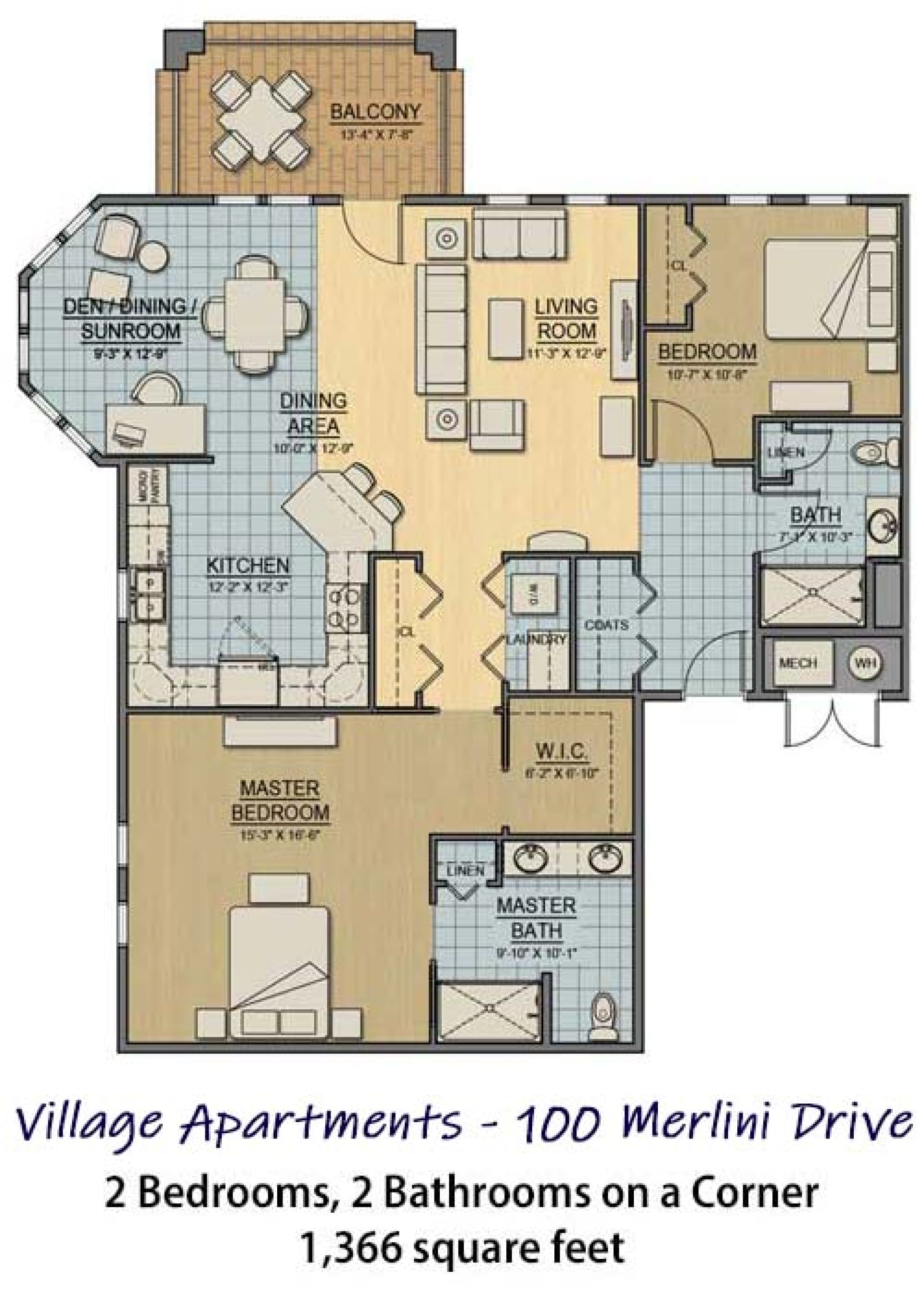 100 Merlini floorplan for 1366sqft corner apartment with 2BR and 2BA