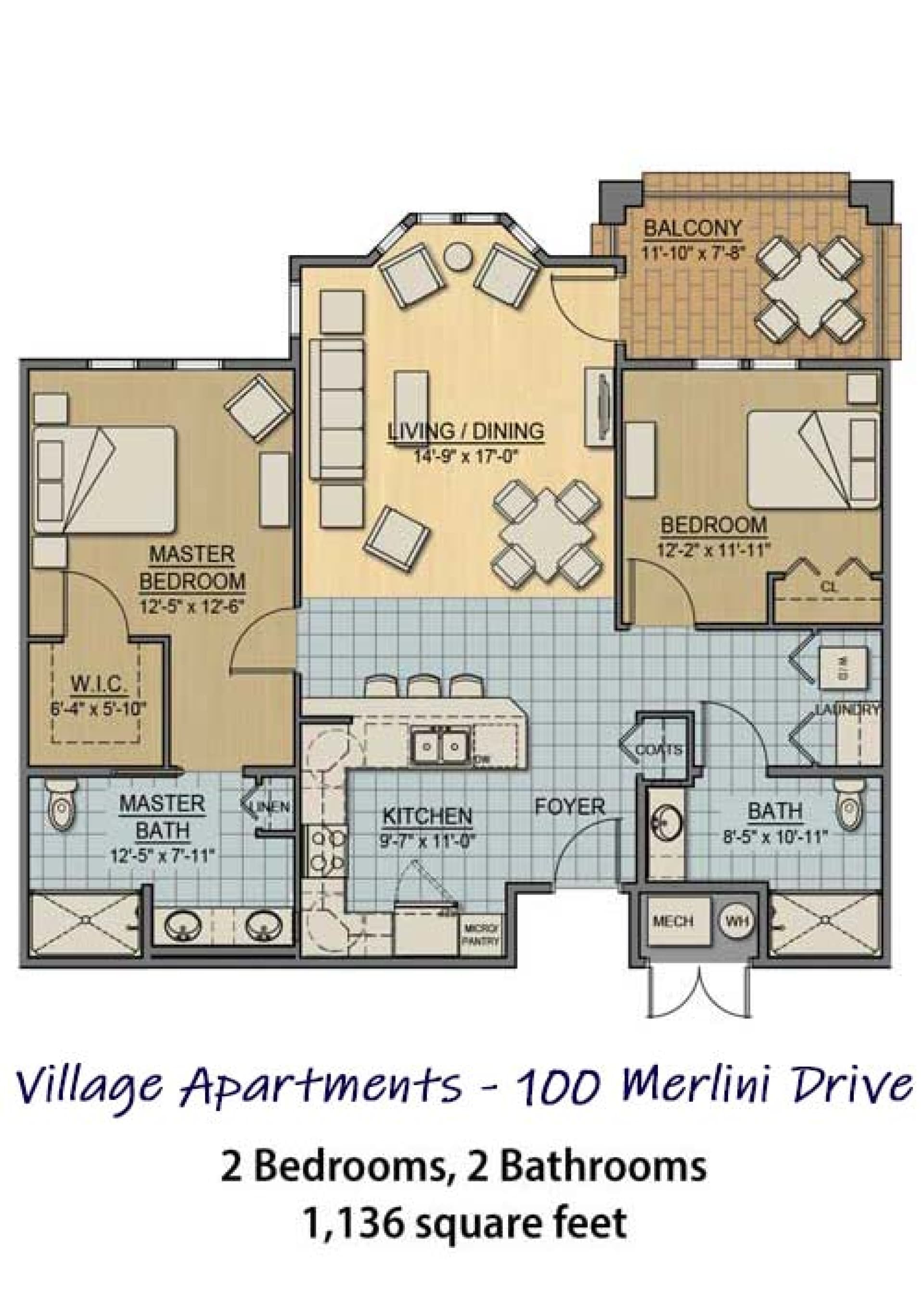 100 Merlini floorplan for 1136sqft apartment with 2BR and 2BA