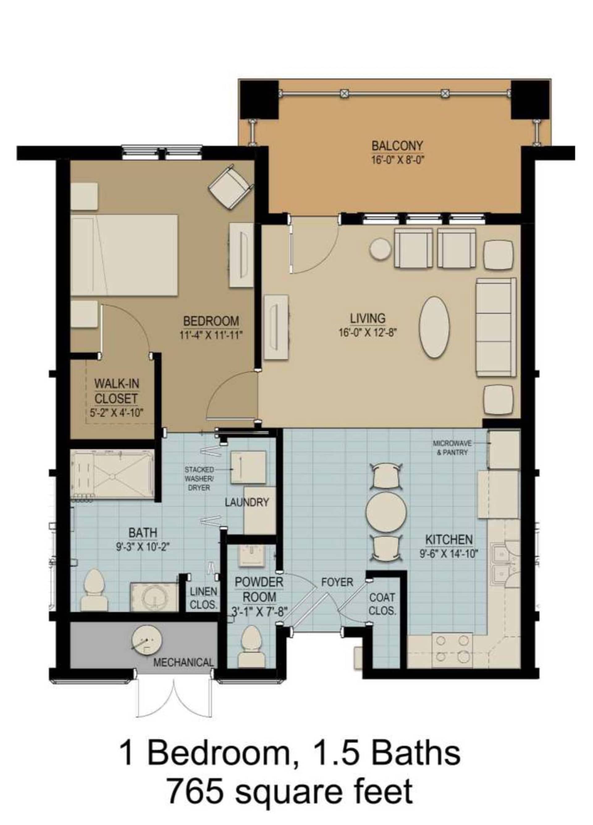 1BR 1.5BA Apartment Floorplan